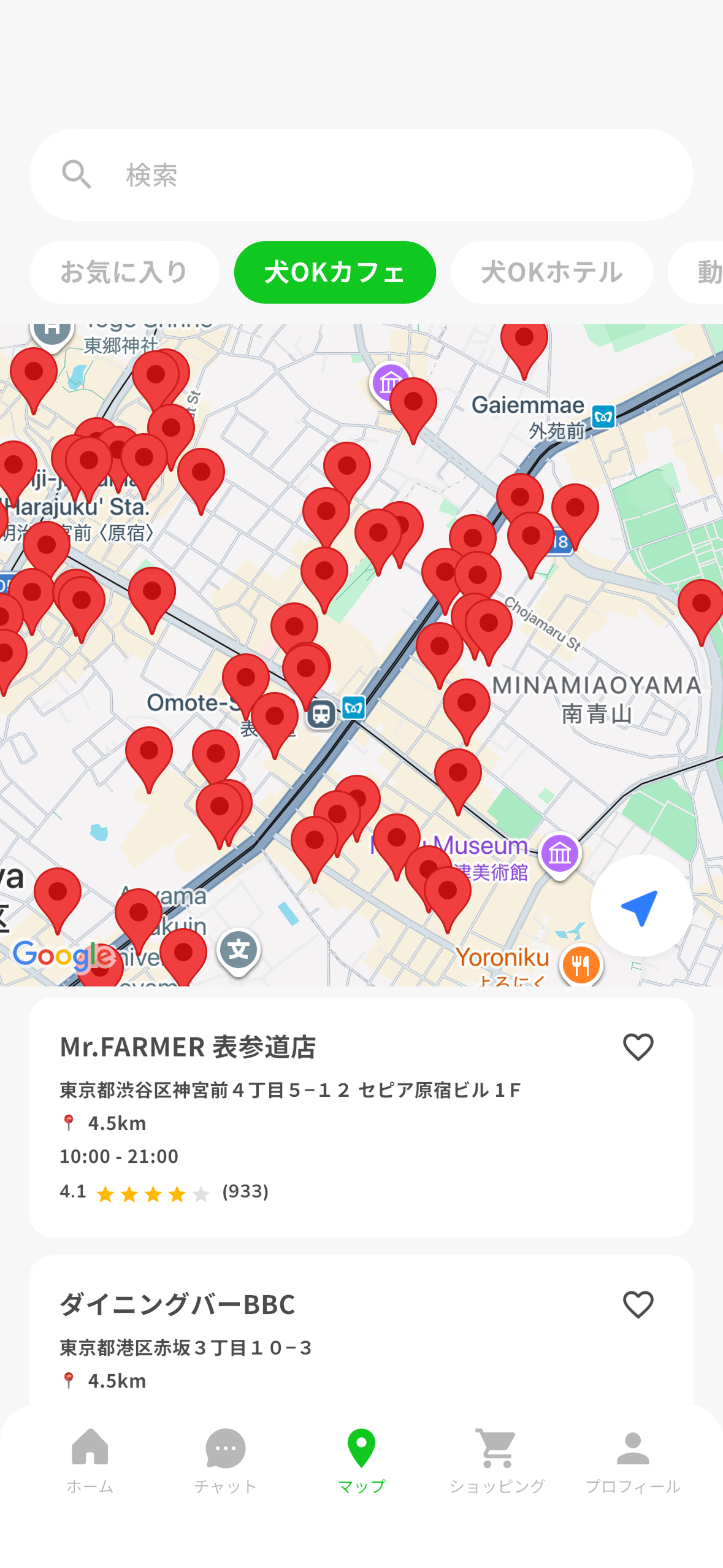わんちゃんOKスポットの地図画面